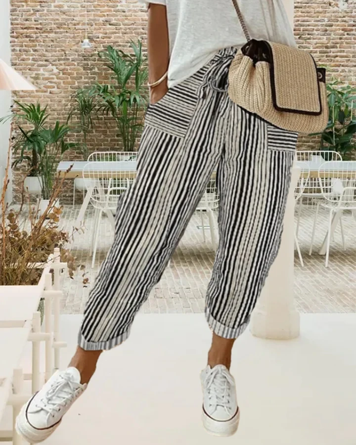 CALÇA CASUAL FEMININA LISTRADA DE ALGODÃO E LINHO