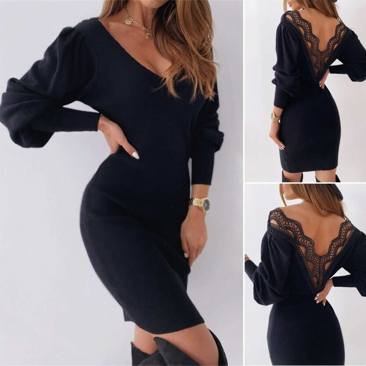 VESTIDO SEXY COM RENDA RECORTADA, DECOTE EM V, COSTAS NUAS