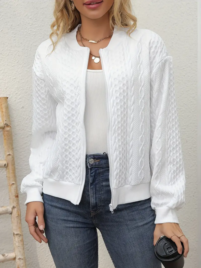 Jaqueta com textura de cor sólida - jaqueta casual de manga comprida com zíper