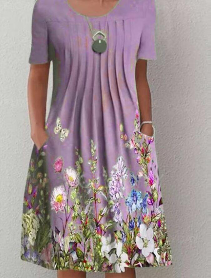 Vestido midi feminino primavera e verão com gola redonda estampado floral e bolso