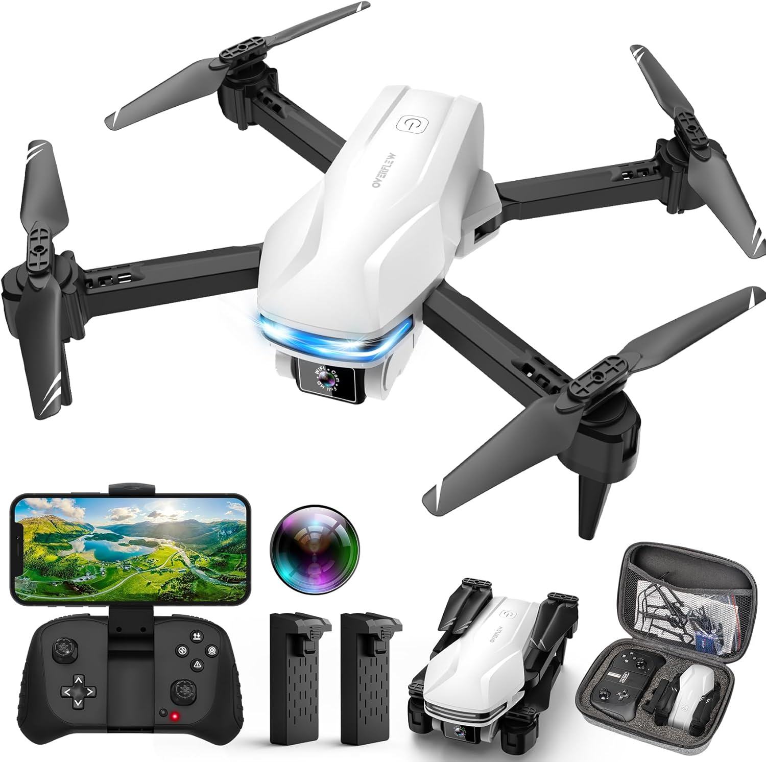 Drone com câmera 1080P HD FPV Drone dobrável para iniciantes e crianças, Quadcopter com controle de gestos de voz com estojo de transporte, decolagem/pouso com uma tecla, posicionamento de fluxo óptico, giro de 360°, voo de ponto de passagem