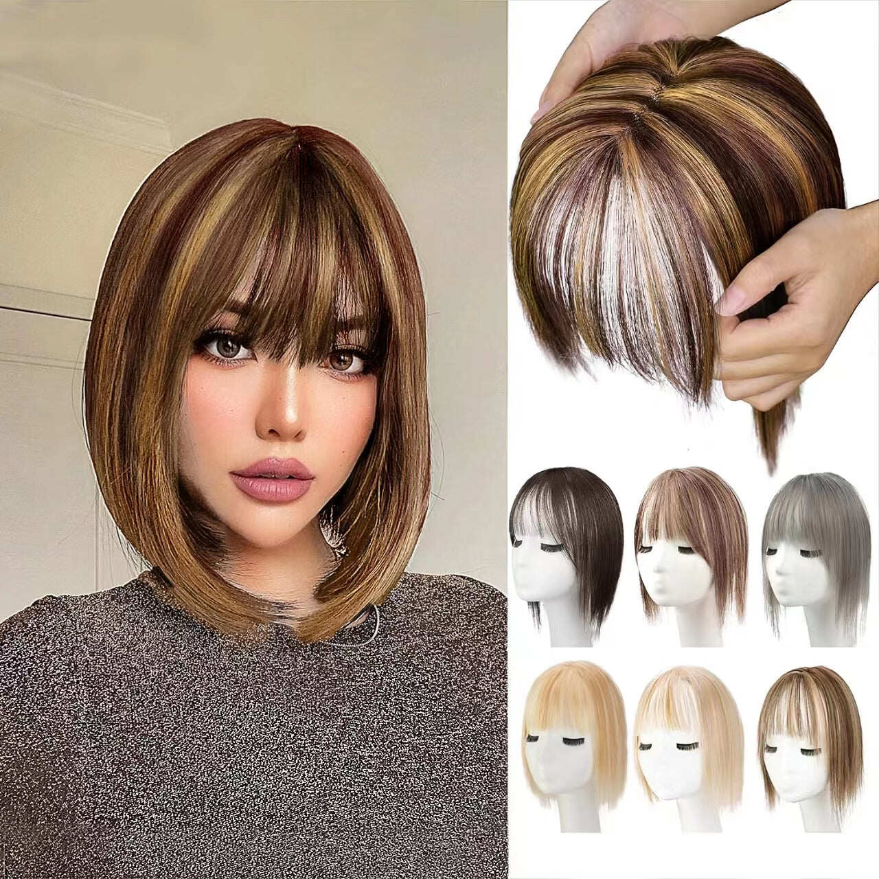 Toppers de cabelo 100% humano para mulheres, adicionando volume de cabelo com franja, 12 polegadas, invisível