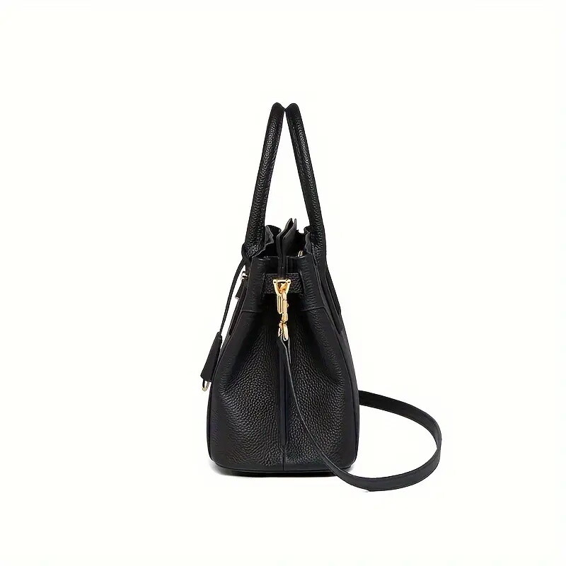 Chic Genuine Genuine Leather Handbag for Women - Spacious Retro Style Shoulder & Crossbody Purse with Adjustable Strap, Zip Closure, Beige/Black, Large Capacity, Polyester Lining, Elegant Design for Work or Daily Use, Versatile Handbag | Elegant Handbag |