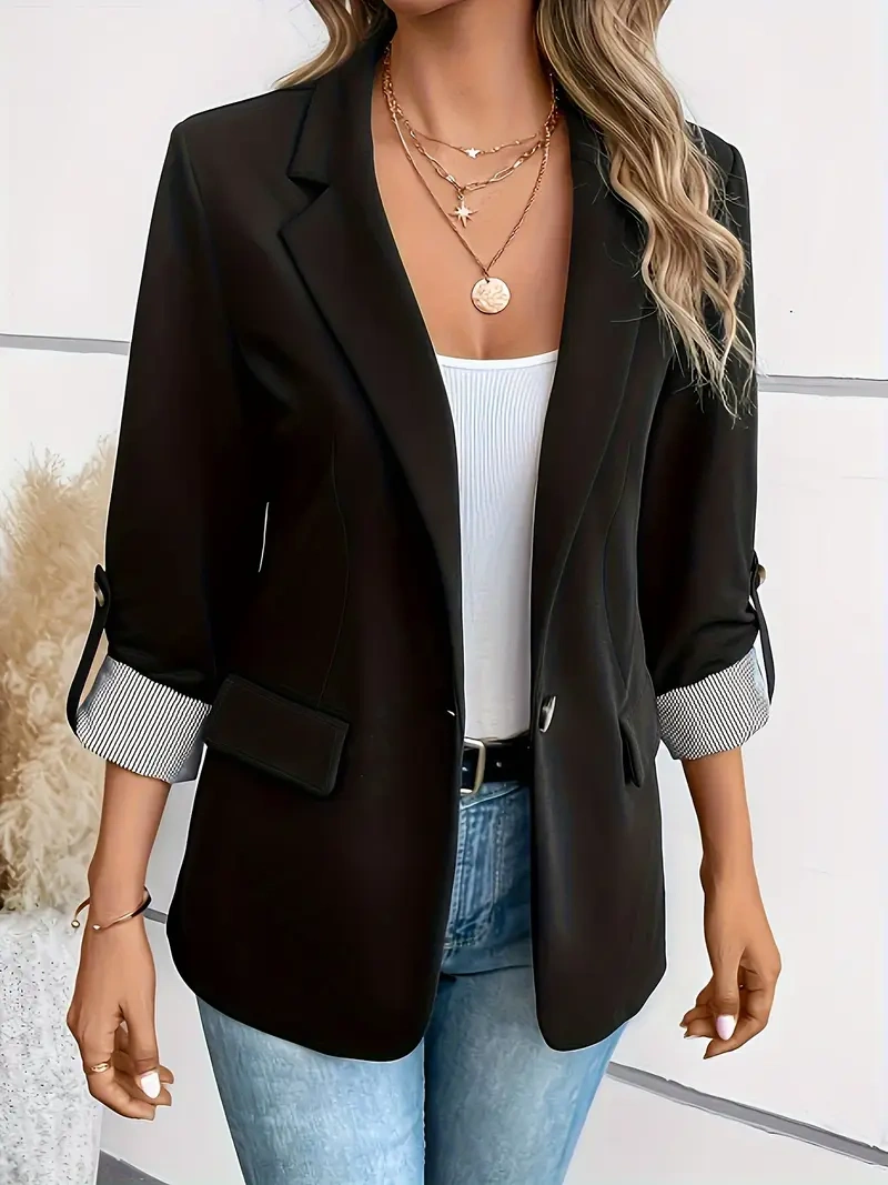 CASACO ELEGANTE – GOLA, BOTÕES, MANGAS COMPRIDAS, PERFEITO PARA O ESCRITÓRIO.