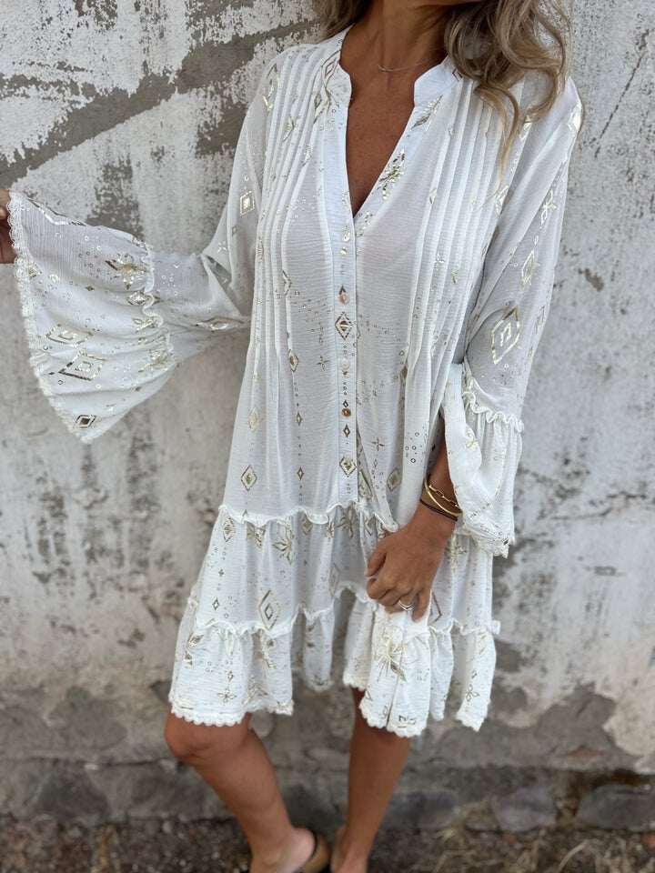 Venda imperdível 🔥 Vestido confortável com estampa elástica e decote em V