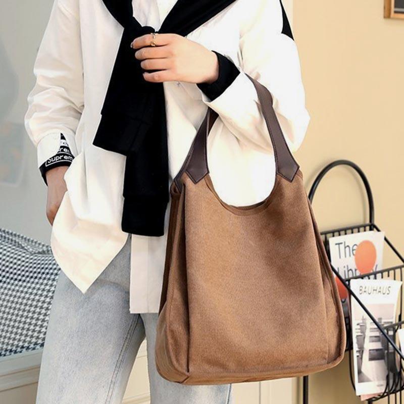 Bolsa feminina média com três compartimentos Bolsa de ombro espaçosa em lona