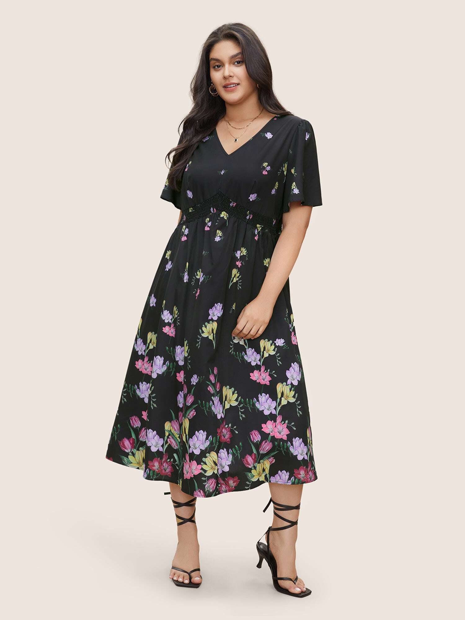 Floral Print Shirred Pocket Ruffle Sleeve Dress