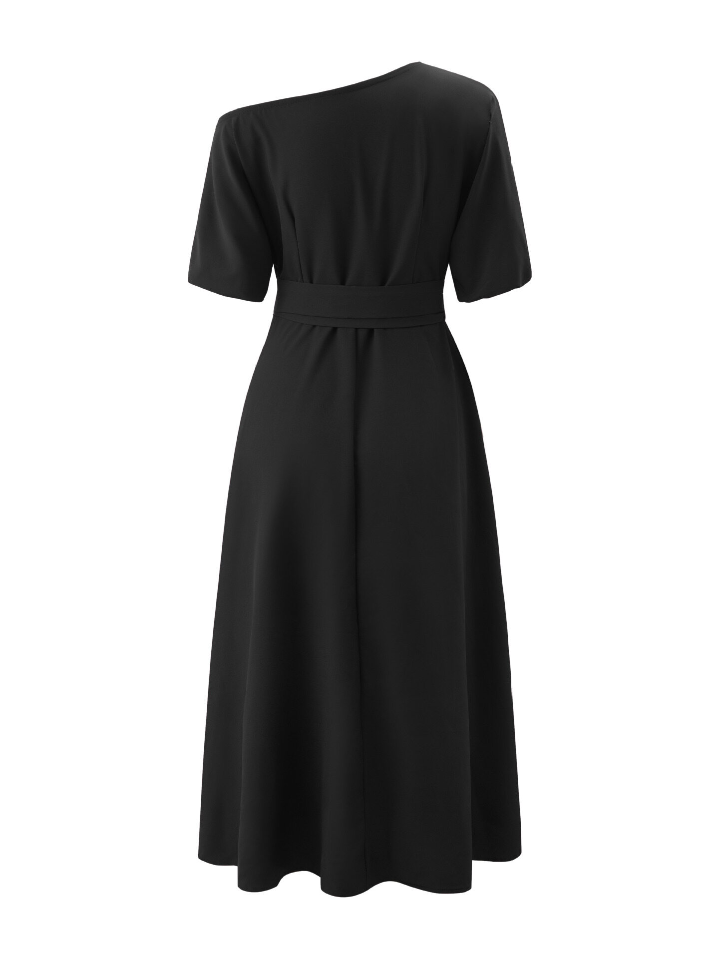 Gola de ombro inclinada amarrada na cintura elegante vestido de cor sólida