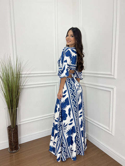 Vestido maxi estampado exclusivo com cordão e cintura e mangas de quimono