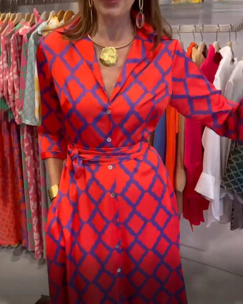 Vestido camisa com decote em V e manga 3/4