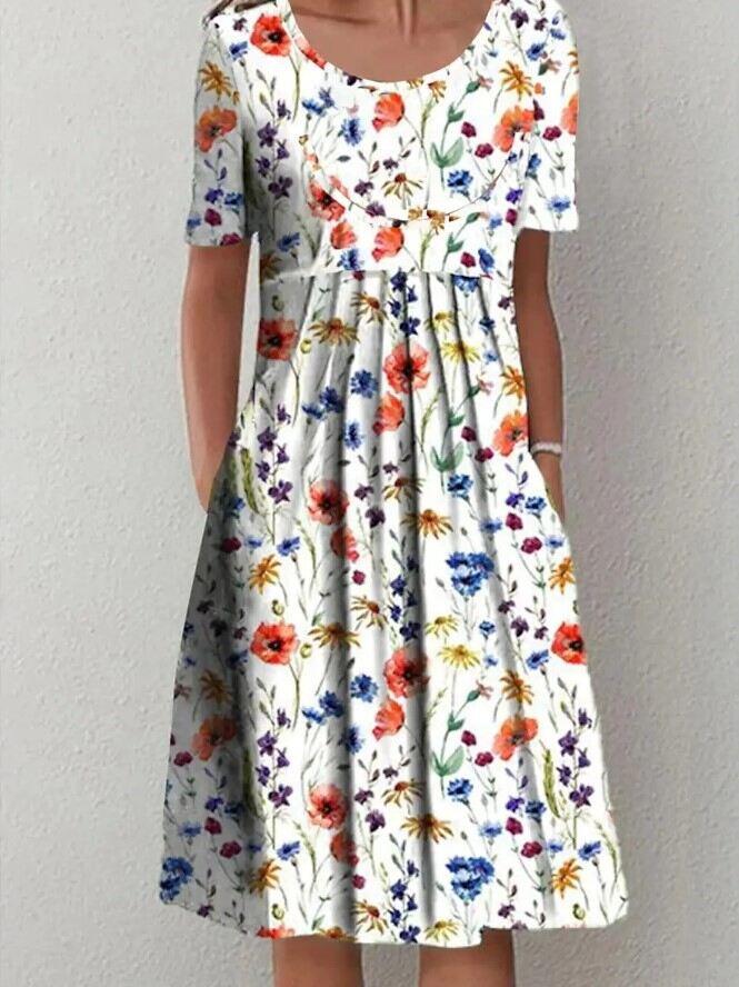 Vestido midi feminino primavera e verão com gola redonda estampado floral e bolso