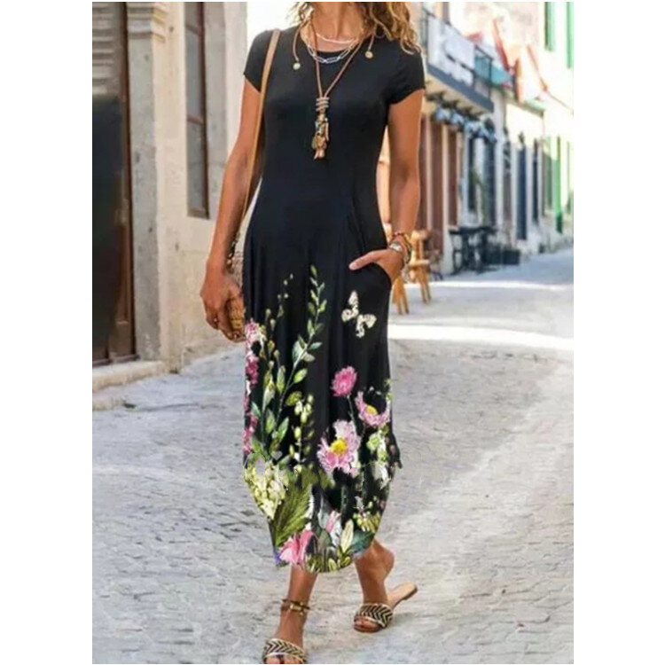 Primavera e verão novo estilo em torno do pescoço bolso manga curta vestido estampado na moda