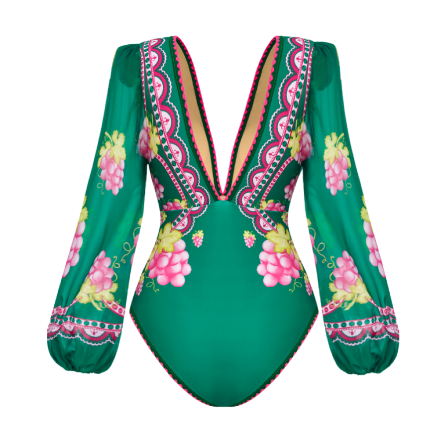 🌼 Long-sleeved Retro Green Grapes Print One Piece Swimsuit and Skirt 😍