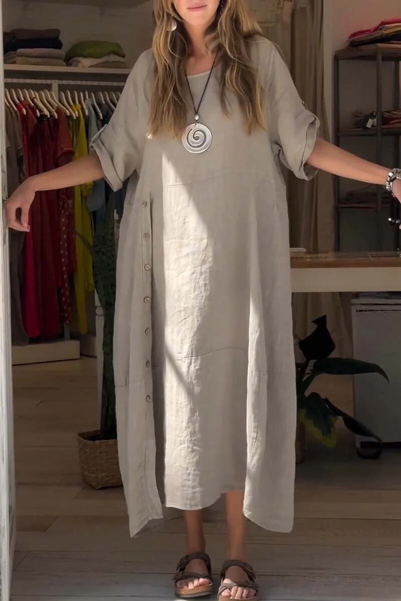 Vestido de linho de algodão casual solto de verão