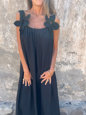 💕Vestido feminino em cor sólida com estampa floral e decote em U