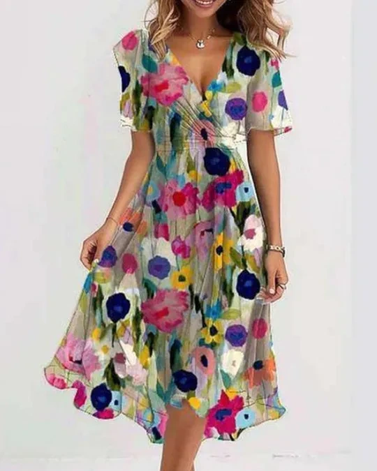 Vestido colorido com decote em V