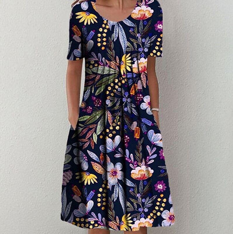 Vestido midi feminino primavera e verão com gola redonda estampado floral e bolso