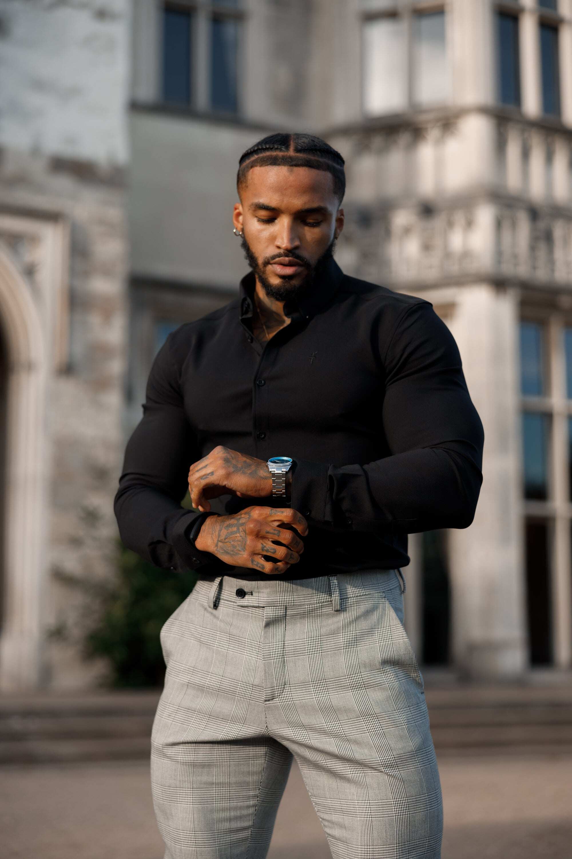 Father Sons Slim Formal Grey Prince of Wales Check Stretch Trousers - FSTR011