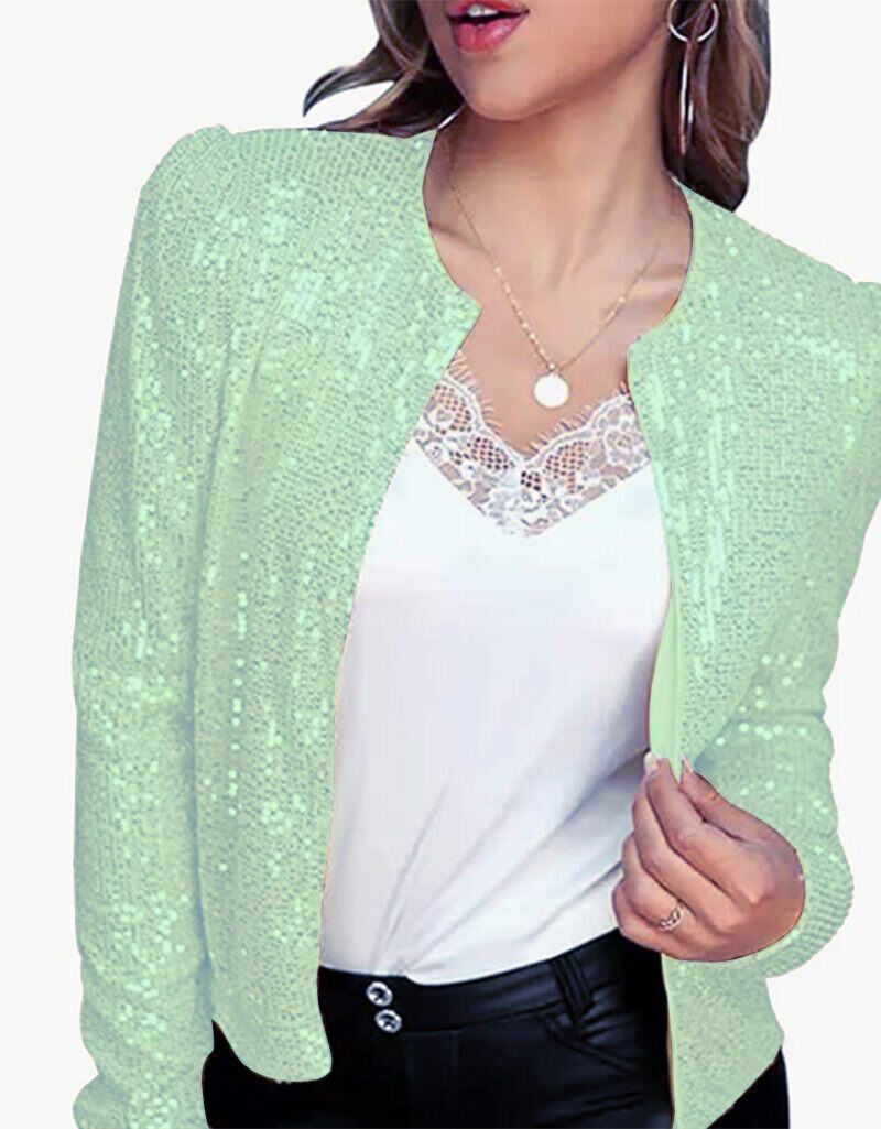Elegante casaco de lantejoulas de cor sólida com gola alta, curto, casual, versátil, pequeno