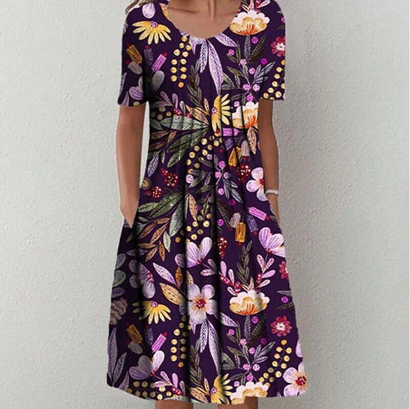 Vestido midi feminino primavera e verão com gola redonda estampado floral e bolso