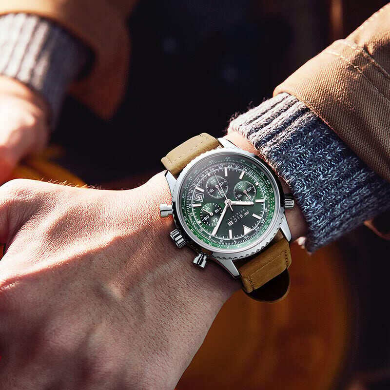 FEICE FK812 Мъжки часовници Многофункционални ръчно сглобени винтидж зелени часовници за мъже