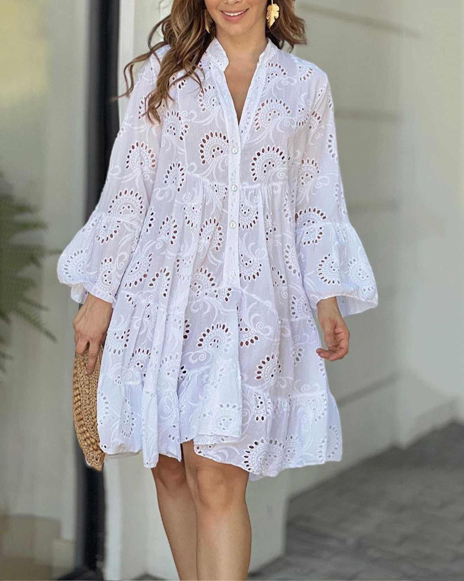 V Neck Flares Sleeve Embroidery Cotton Dress