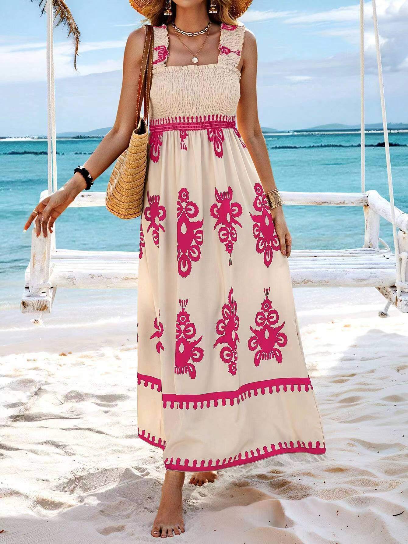 Vestido midi feminino estilo resort estampado com frente cruzada