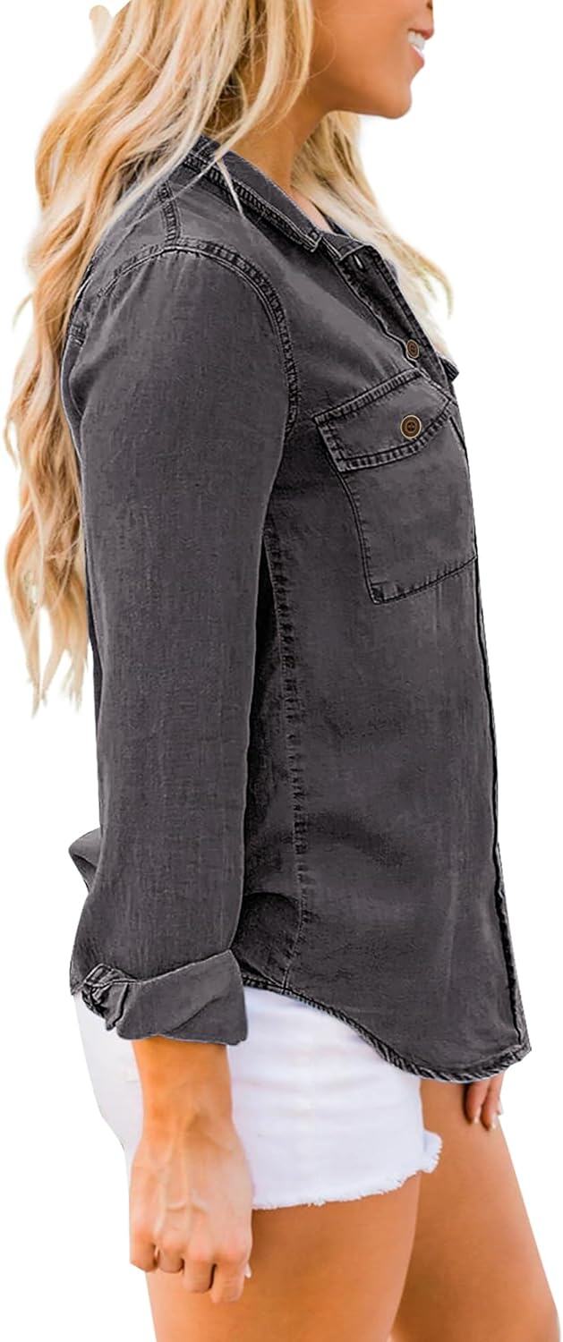luvamia farmer ing Női Chambray Jean Western Shirts Hosszú ujjú gombos felsők