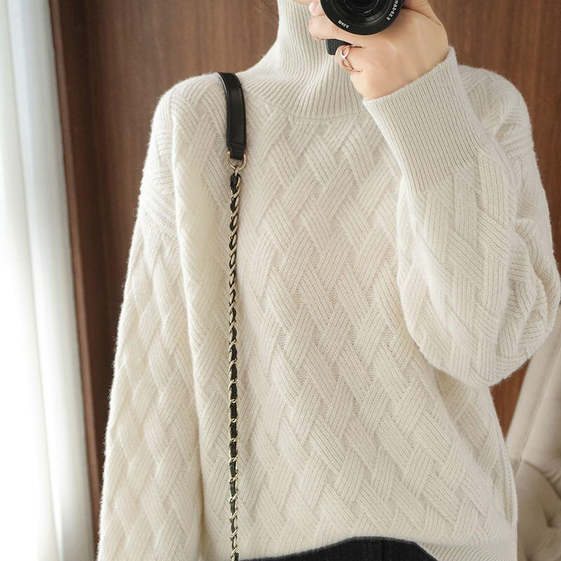 Turtleneck ribbed warm sweater for women autumn and winter 2024 new thickened Korean loose lazy style knitted bottoming shirt