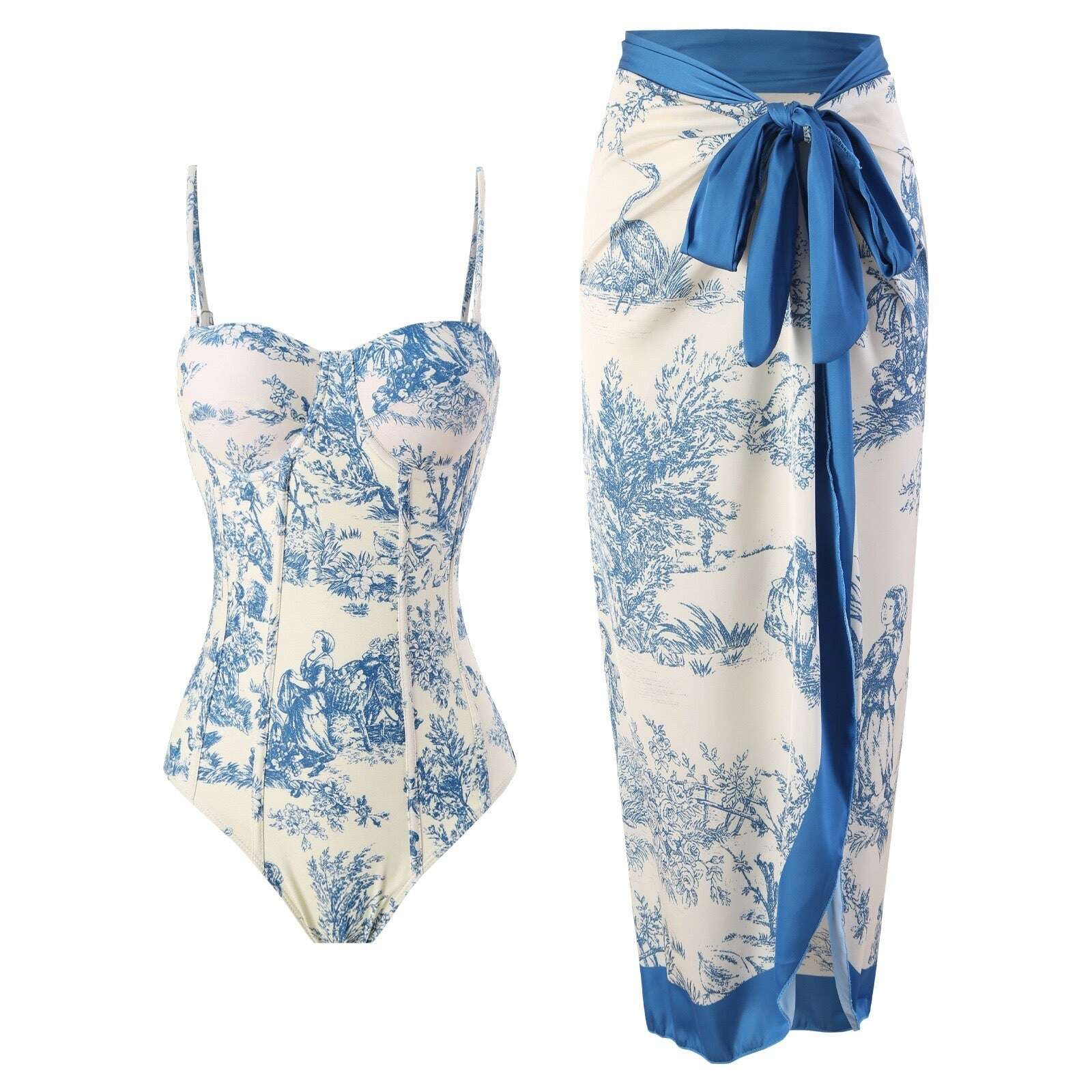 💥 Special offer: 50% off 💥 V-neck lace-up printed one-piece swimsuit with skirt