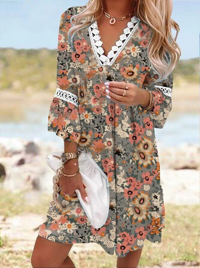 Novo vestido de verão com retalhos de renda estampado em algodão e linho