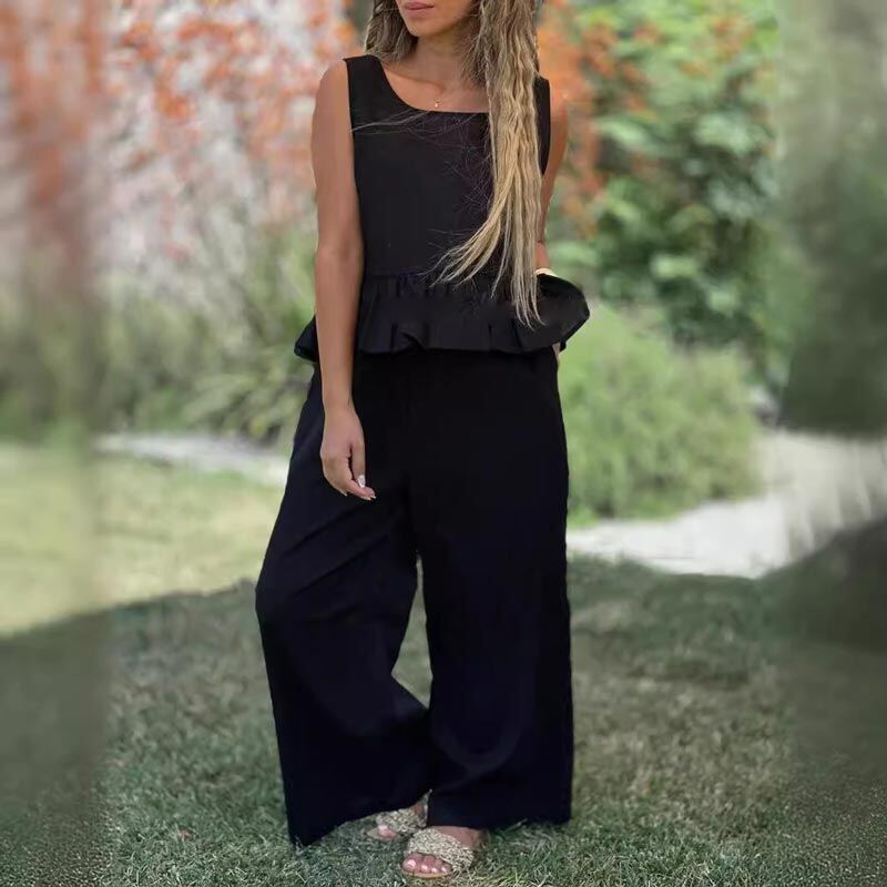 👗Conjunto feminino de duas peças sem mangas de algodão e linho de cor sólida