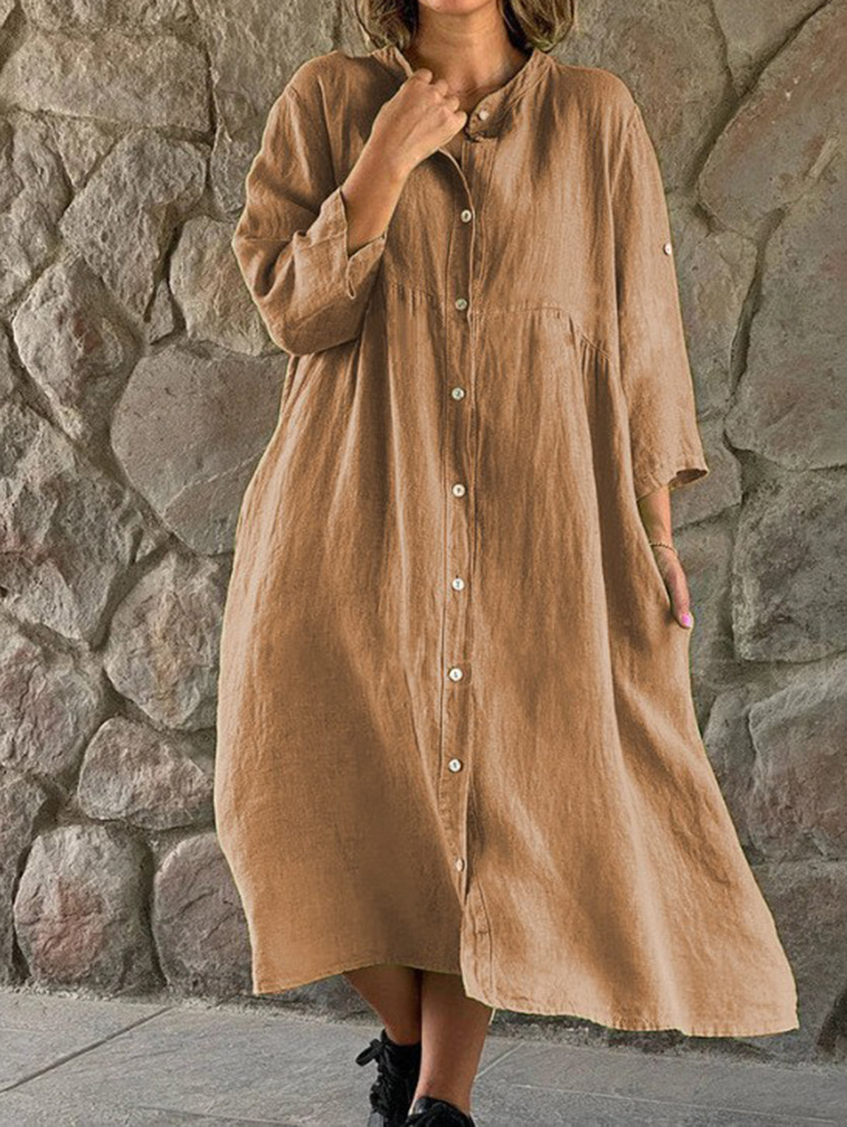 Casual Plain Stand Collar 3/4 Sleeve Single Breasted Midi Dress