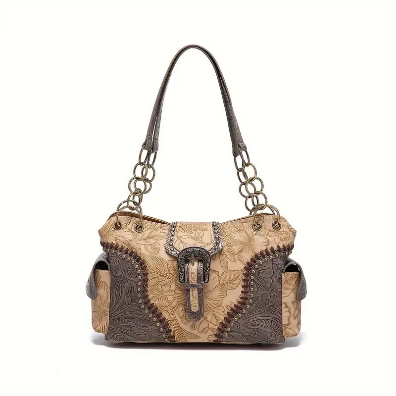 Vintage Flower Embossed Handbag, Punk Style Tote Bag, Y2K Chain Shoulder Bag For Women