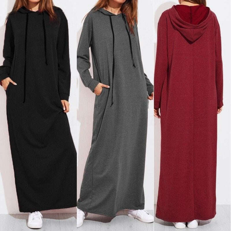 Vestido feminino de moletom de manga comprida com capuz