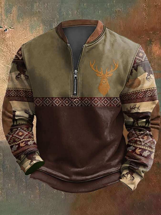Ανδρικό φούτερ με φερμουάρ σε αντίθεση Vintage Elk