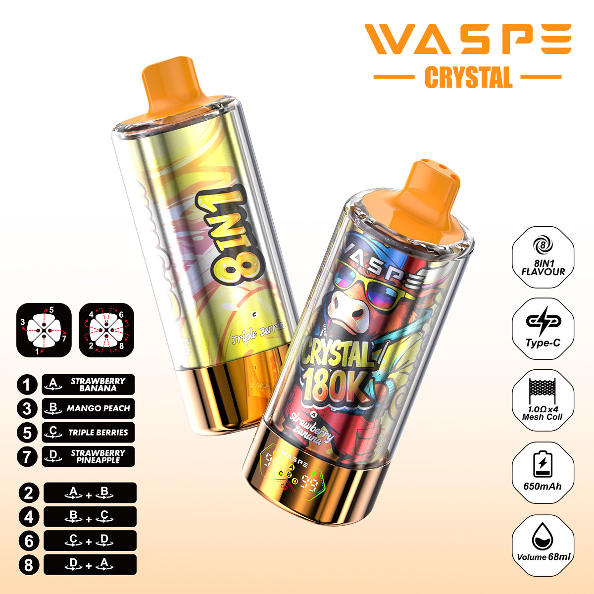 WASPE Crystal 8 v 1 180K potahů (8 PŘÍCHUTÍ V 1)