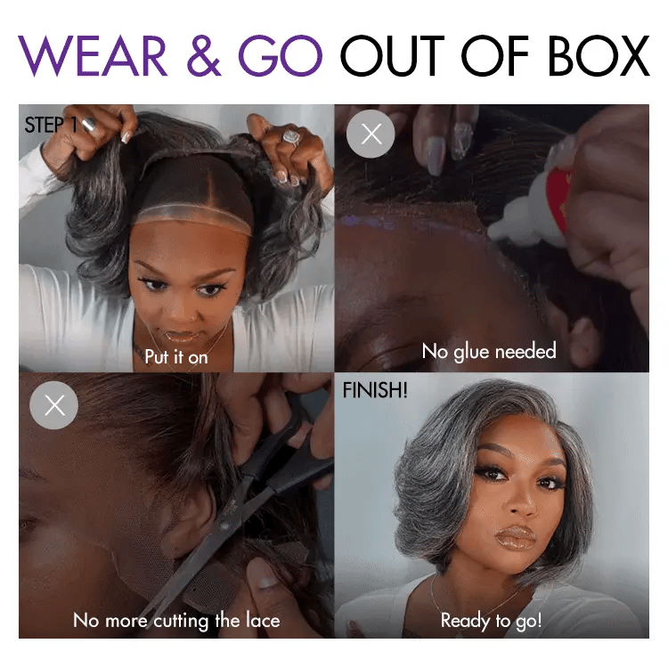 Boss Vibe Salt & Pepper Layered Bob / Body Wave Glueless Pre-Cut Minimalist Lace Grey Wig