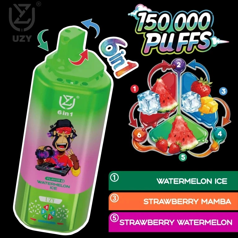 UZY 6-in-1 150,000 Puffs Disposable Vape – Quad Mesh Coil, Smart Screen, Crystal Design, Wholesale & Bulk Buy