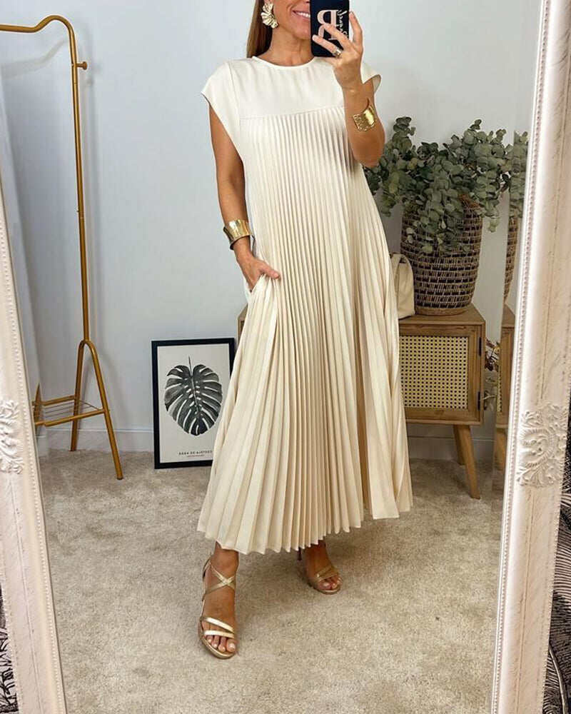 Vestido plissado simples de cor sólida sem mangas