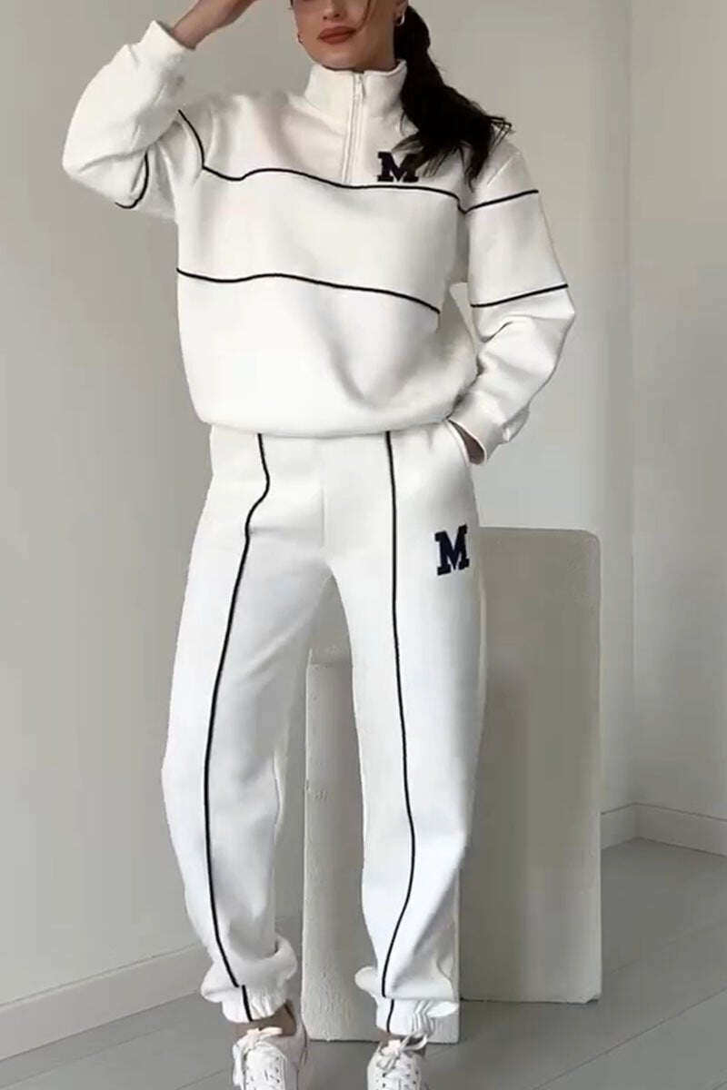 Conjunto feminino casual de duas peças com letra M e manga comprida