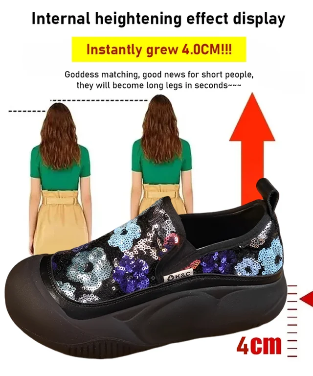 Mocassins de fundo grosso com lantejoulas e flores