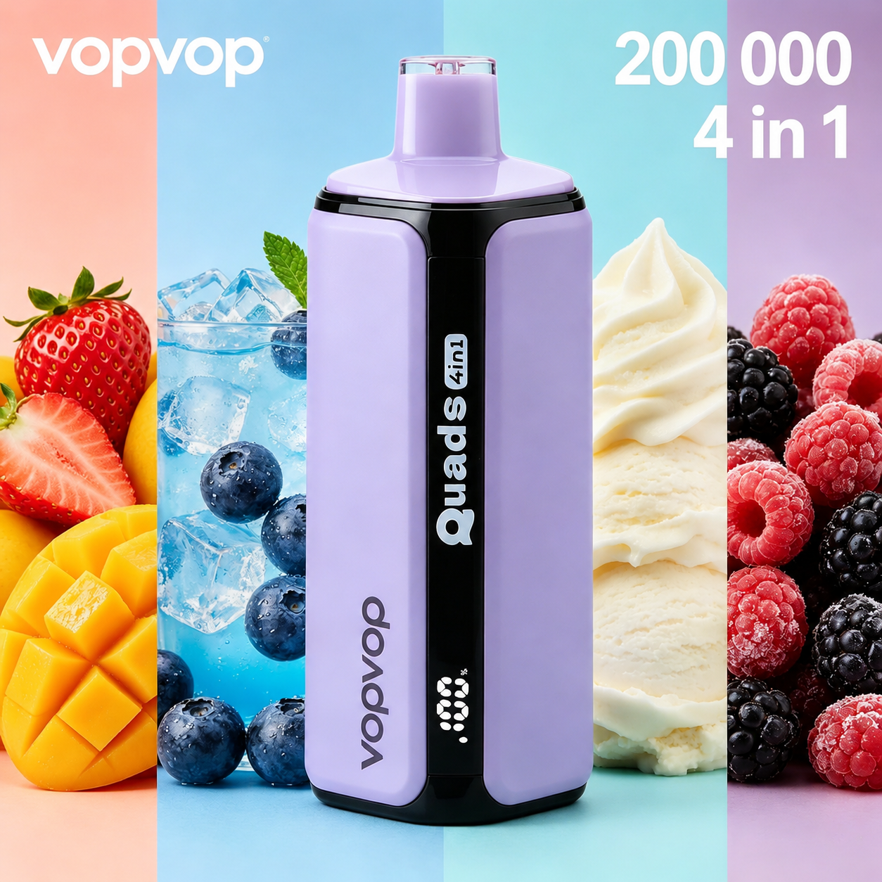 🚀 VOPVOP 200K – 200 000 slukkot bír ki | Négy íz egyben | Eldobható elektronikus cigaretta, nikotintartalom 0% / 2% / 5% • 10 íz