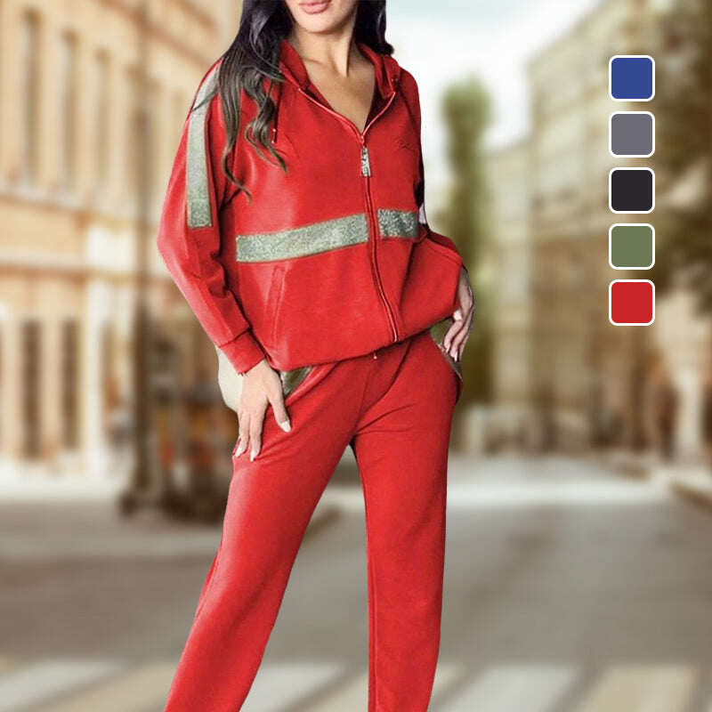 🎅Promoção de Natal de 49%💥Lantejoulas femininas – conjunto casual de 2 peças em cor sólida enfeitada