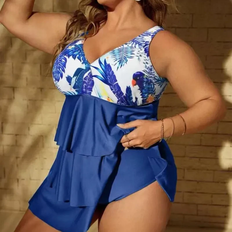 【L-4XL】 2023 letnie nowe bikini z nadrukiem Plus rozmiar spódnica bikini z falbanką
