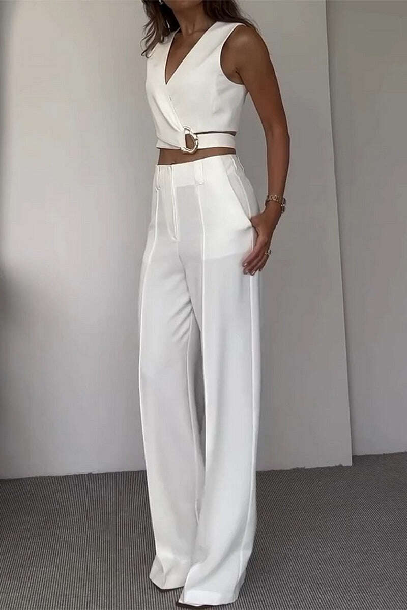 Diário Elegante Cor Sólida Bolso Alças Cruzadas Decote V Sem Mangas Duas Peças