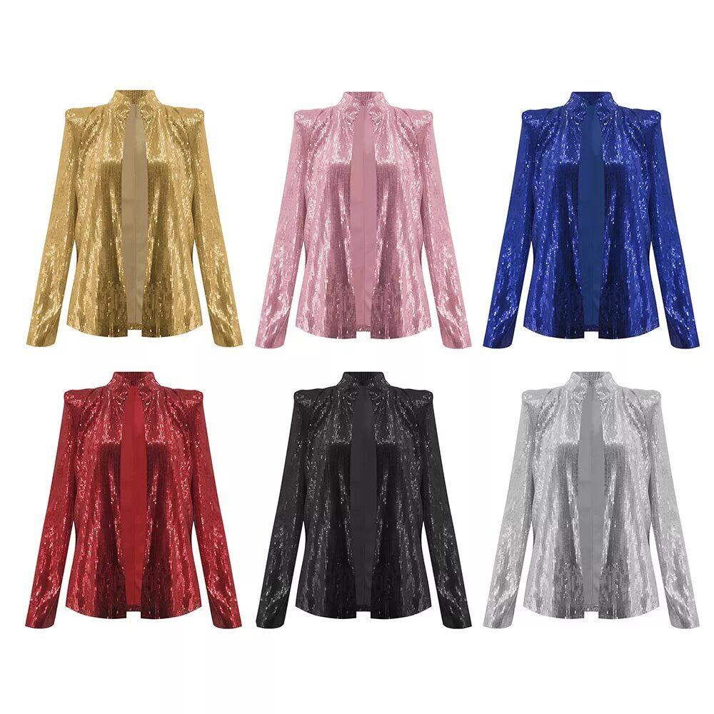 Elegante casaco de lantejoulas de cor sólida com gola alta, curto, casual, versátil, pequeno