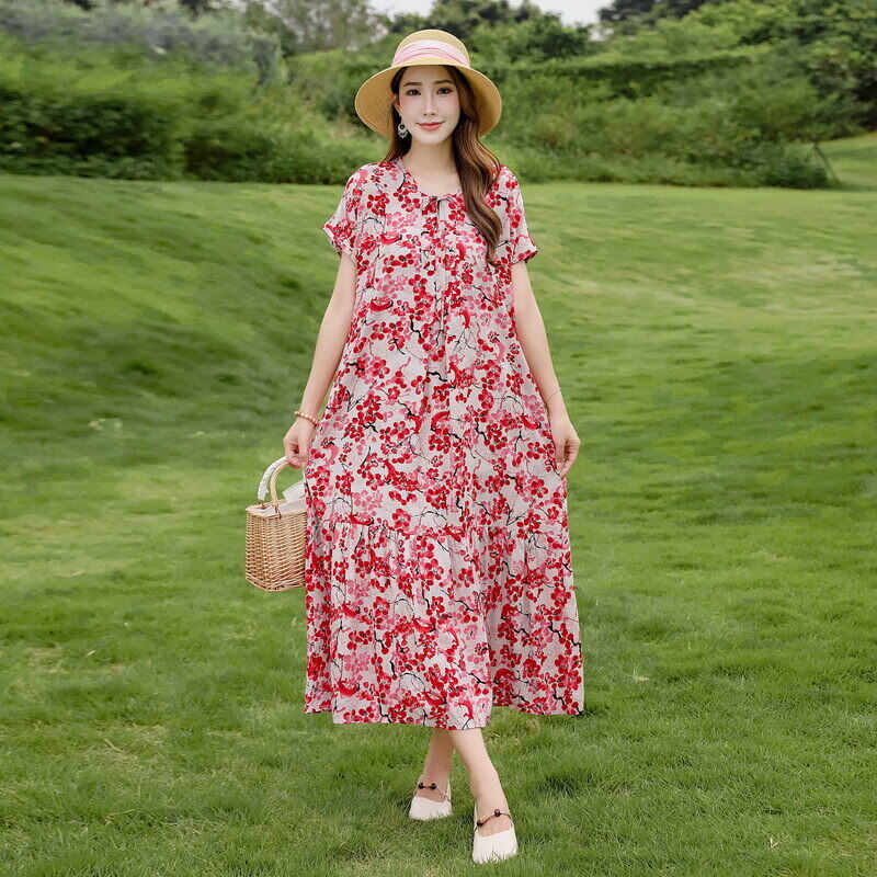 2024 novo vestido de seda de algodão plus size temperamento saia longa