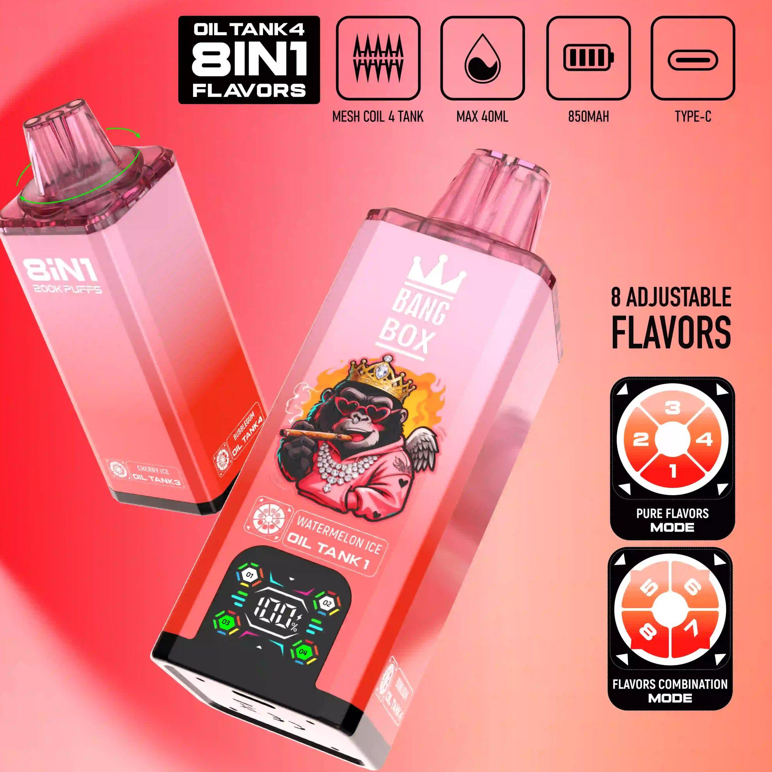 BANG BOX 200K | 8 em 1, 200.000 tragadas, quatro resistências, indicador de nível de bateria, cigarro eletrônico descartável de alta capacidade