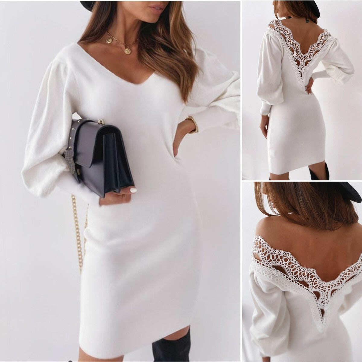 VESTIDO SEXY COM RENDA RECORTADA, DECOTE EM V, COSTAS NUAS